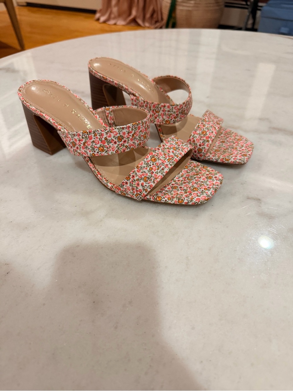 Kelly & Katie Pink Floral Double-Strap Block Heel Mules